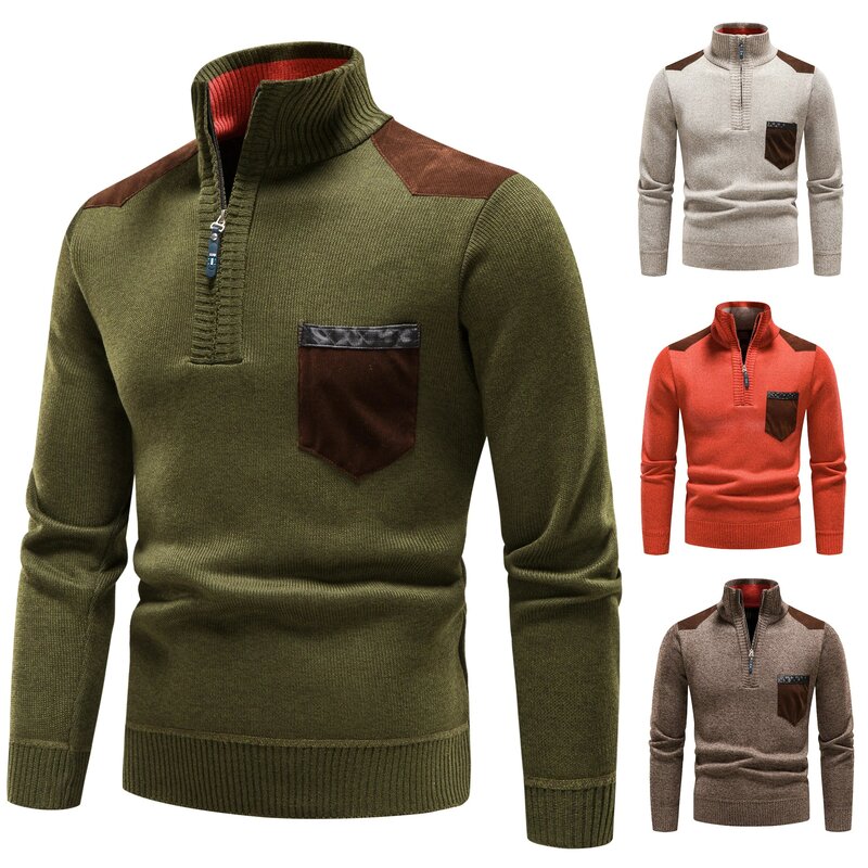 Męski sweter dzianinowy sweter dla facetów jesienno-zimowy polar ciepła bluza pół suwak gruby golf Y2K odzież męska