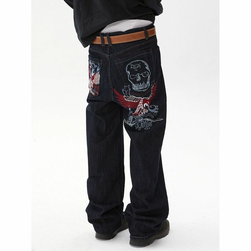 Amerikanischer Schädel bestickt lose lässige Jeans bestickt Baggy Jeans Denim Männer Frauen Goth hohe Taille breite Hose y2k Hose