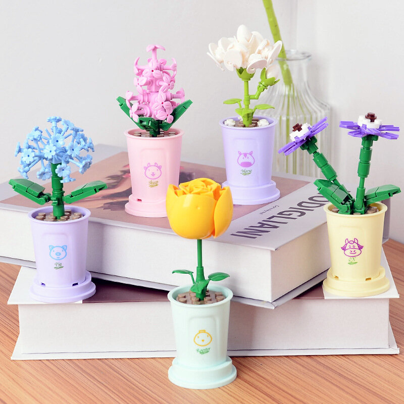 Bukiety złożone klocki kompozycja kwiatowa zabawki małe elementy nieśmiertelny kwiat prezenty urodzinowe