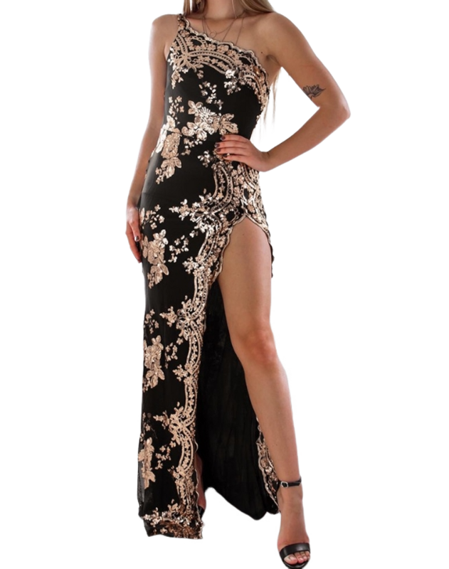 Gaun Suspender seksi wanita 2023 gaun pesta berpergian satu bahu belahan tinggi motif bunga berpayet modis baru
