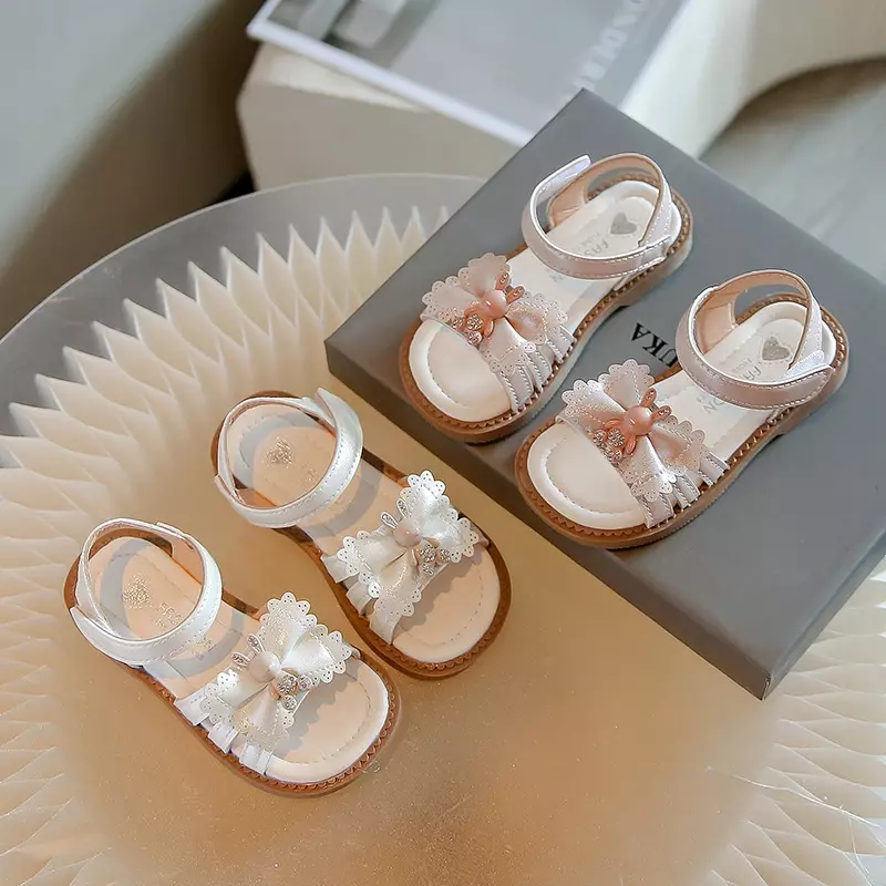 Sandales plates coordonnantes avec nœud papillon lapin pour fille, bout ouvert, design mignon et doux, nouvelle collection été 2024