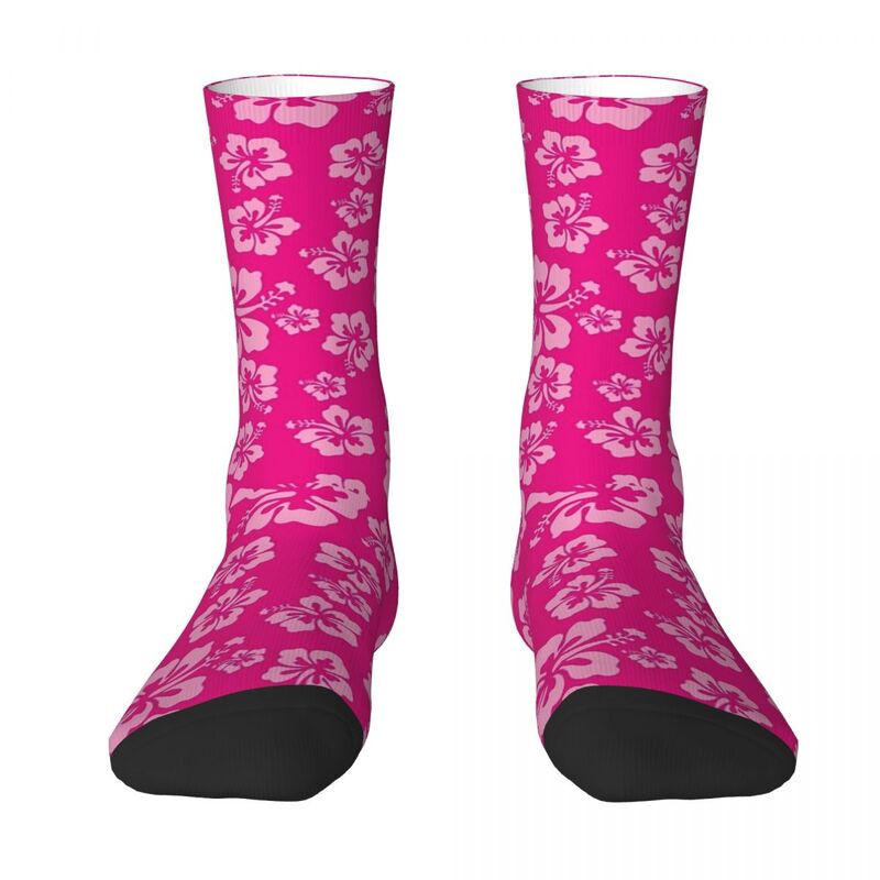 열대 핫 핑크 히비스커스 꽃 패턴 하와이안 프린트 양말, 부드러운 스타킹, 사계절 긴 양말 액세서리