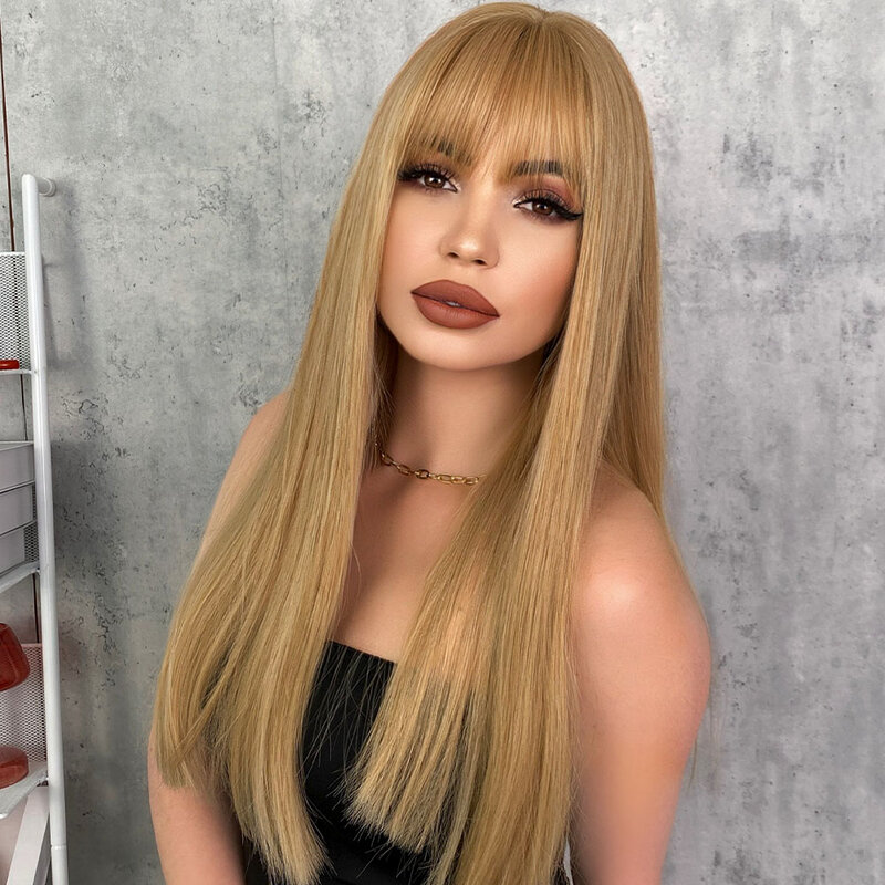 Long Straight Blonde Wig with Bangs Natural Women Wig Heat Resistant Synthetic Hair Wigs for Daily Cosplay Party Halloween