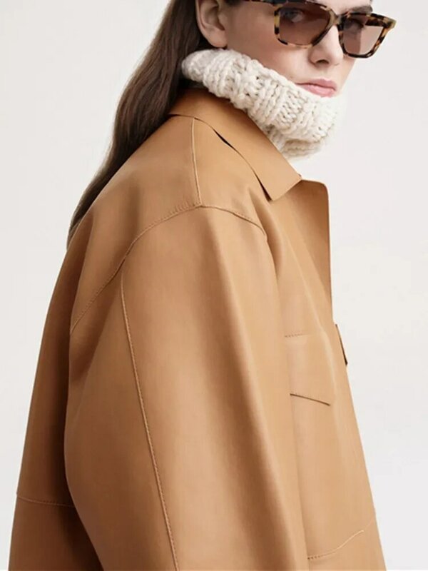 Jaket kulit imitasi untuk wanita, jaket kerah lipat dengan saku ritsleting gaya Safari musim gugur