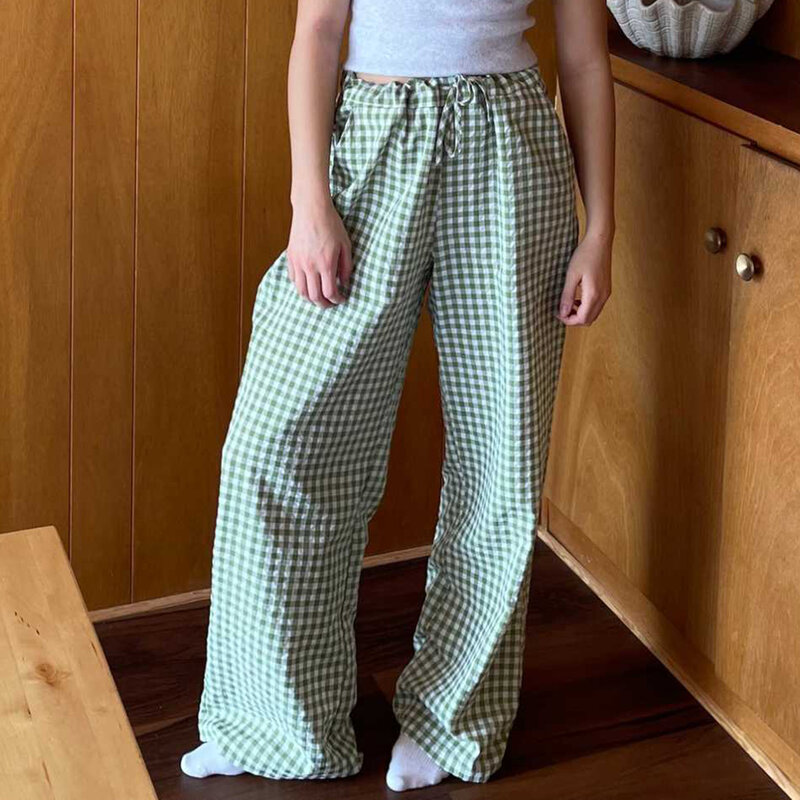 Damskie Y2K Cleanfit estetyczne szerokie nogawki sznurkiem cienkie spodnie letnie dorywczo elastyczna krata luźne wygodne spodnie z kieszeniami