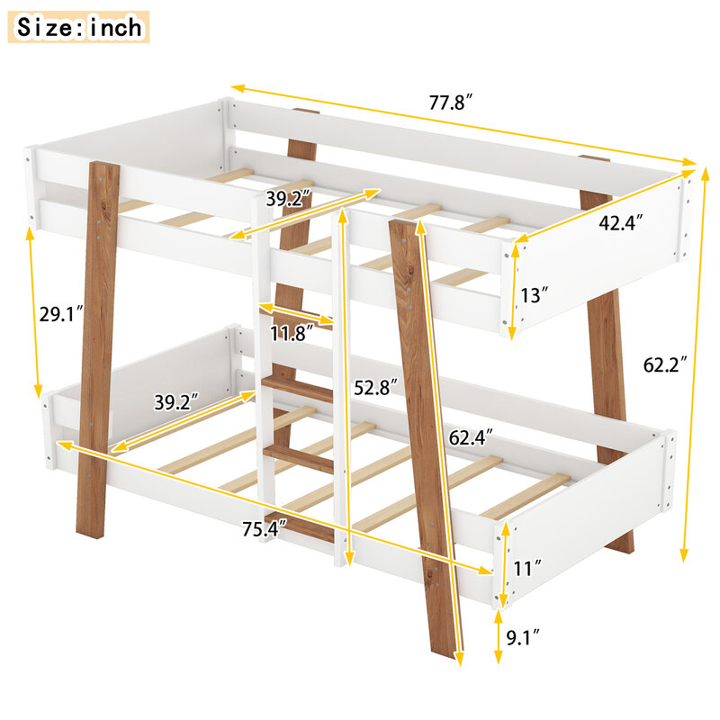 Houten Twin Size Stapelbed Met Ingebouwde Ladder En 4 Houten Kolommen, Wit