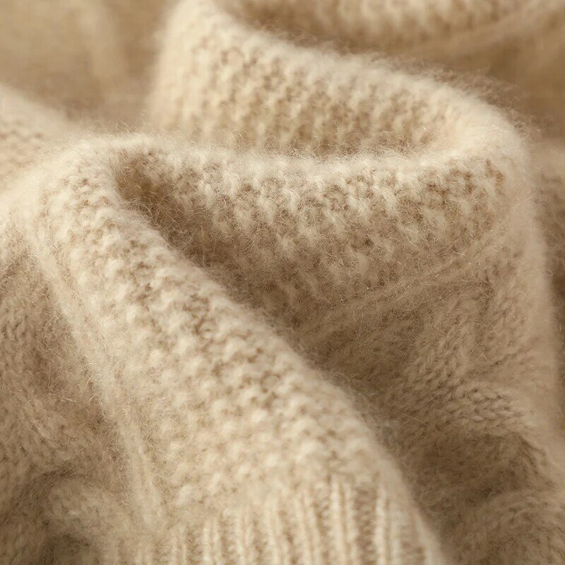 Sweter Pullover wol 100% tebal leher bulat, atasan rajut longgar warna polos musim gugur musim dingin mewah