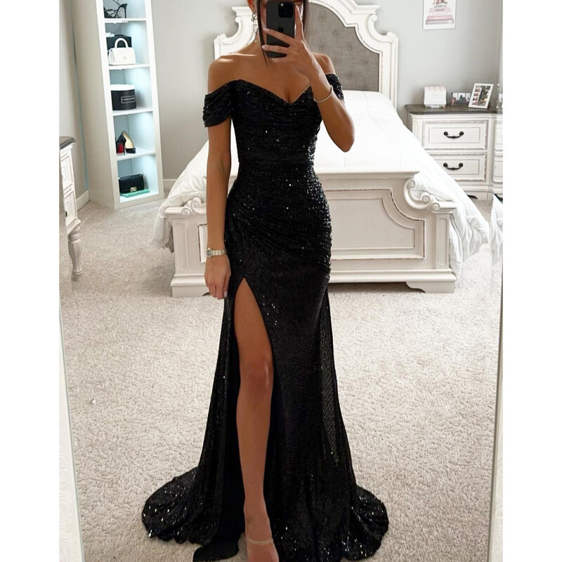 luxury Sexy Off-Shoulder Formal Occasion Dresses Women V-neck Sparkly Floor Length Cocktail Dress High Split Evening Party Gowns