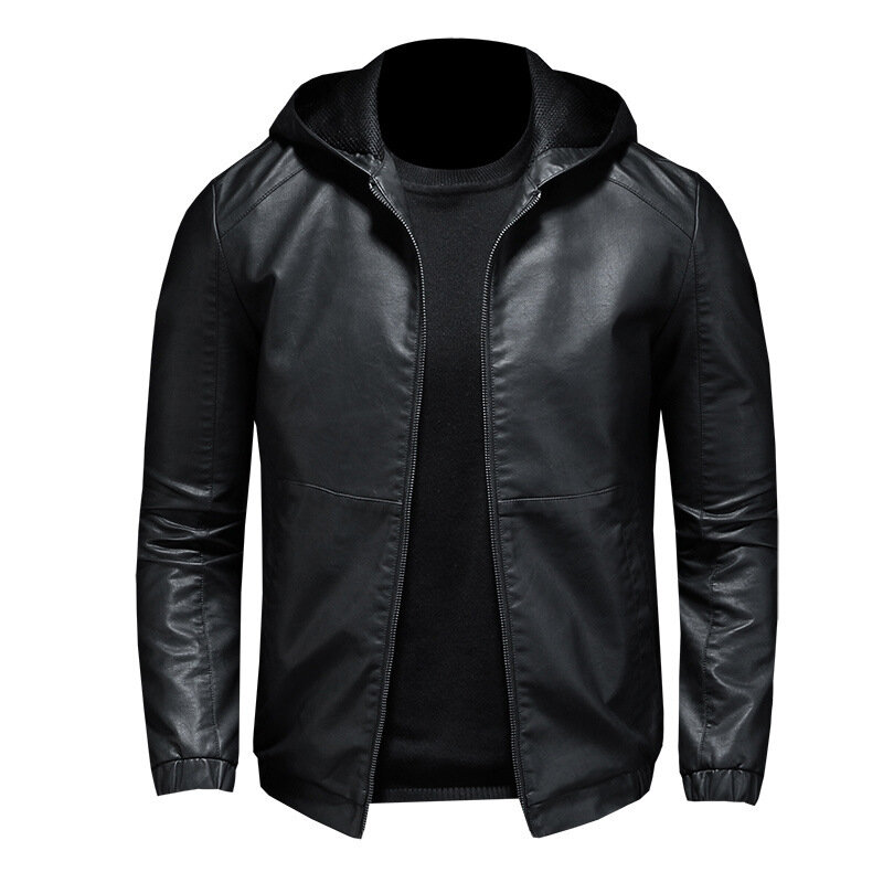 Leather Men's Autumn And Winter New Slimming Pu Korean Version Hooded Motorcycle Jacket With Plush And Thick Leather Jacket 5XL