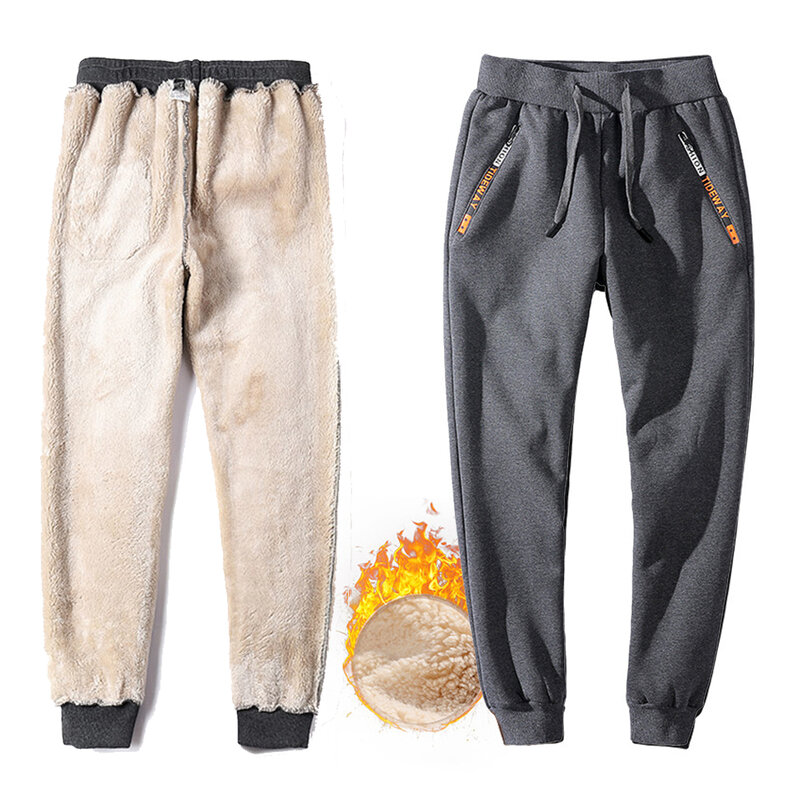 Pantalones de Cachemira de piel de cordero para hombre, calzas informales cálidas, forro polar, de chándal, talla grande, Invierno