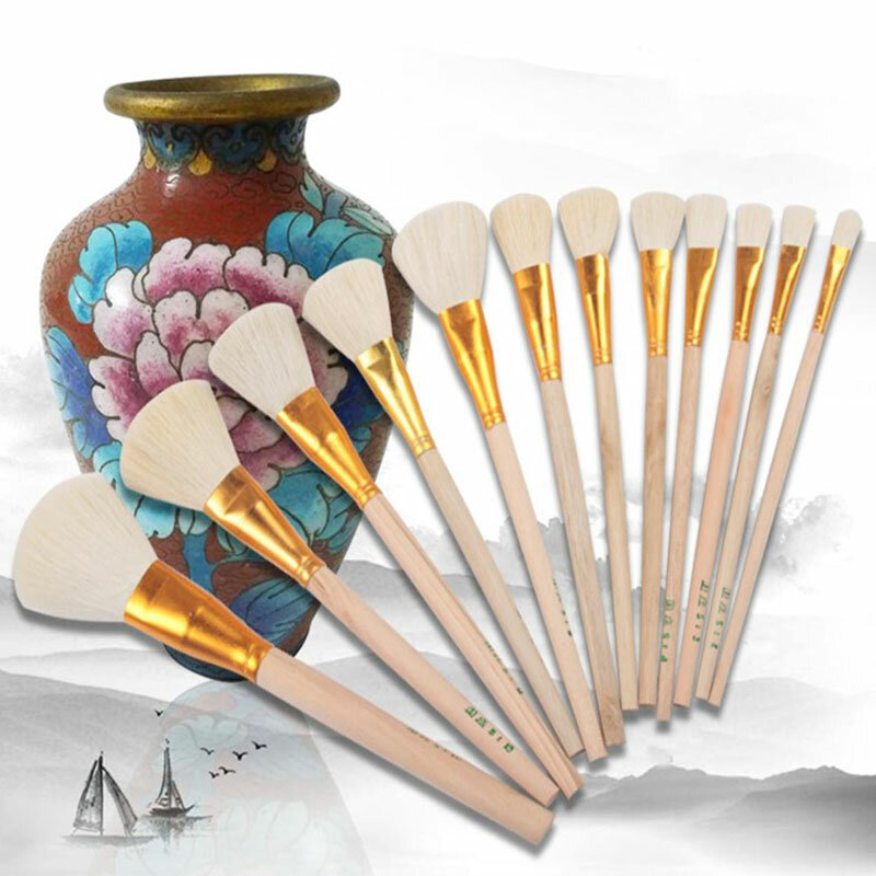 12 buah kuas kerajinan wol lembut Set kuas cat untuk tembikar keramik minyak akrilik cat air lukisan menggambar perlengkapan seni DIY