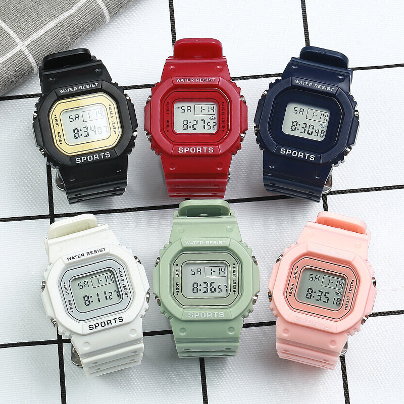 YIKAZE jam tangan elektronik pelajar pria wanita, jam tangan olahraga warna Macaron tahan air Alarm persegi, hadiah