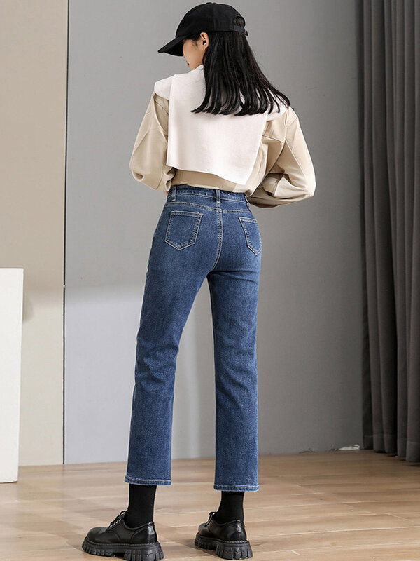 Jeans azul reto para mulheres, streetwear com comprimento do tornozelo, cintura alta, moda coreana, roupas vintage para meninas, Y2K