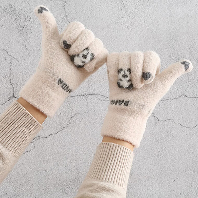 Winter Warm Plush Gloves Cute Cartoon Panda Ring Finger Knitted Gloves Touchscreen Gloves Outdoor Windproof Mittens