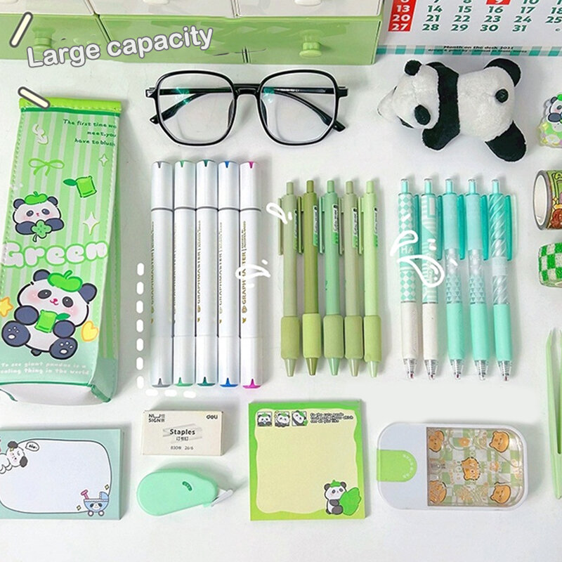 Cute Panda Pen Bag Milk Carton Pencil Case PU Cosmetic Pouch Lipstick Storage Box Stationery Organizer Container
