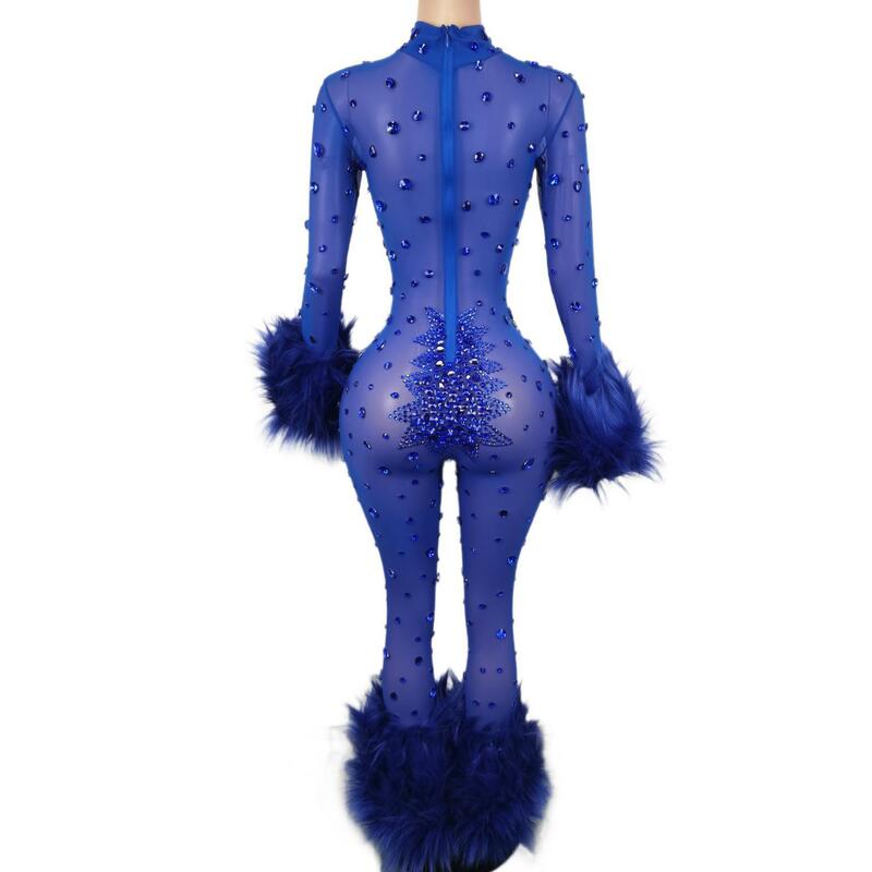 Синий пушистый комбинезон, Женский облегающий трико с длинным рукавом и бахромой, сексуальная сетчатая одежда для сцены, костюм диджея, певицы, танцора, женский костюм, гибин