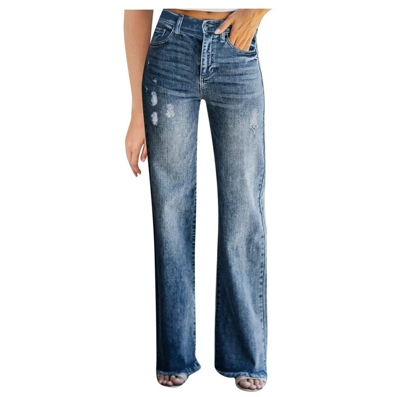 Pantalon en denim taille haute pour femme, jean à jambe droite, bouton élastique, monochrome, jean long décontracté pour femme