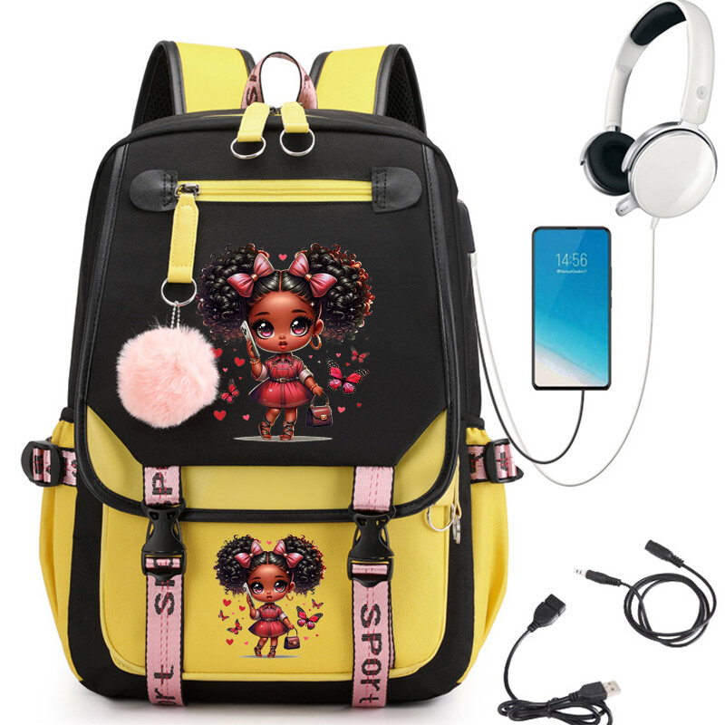 黒の女の子のプリントバックパック,USB充電器付きのランドセル,学生,10代の手紙,ラップトップ用