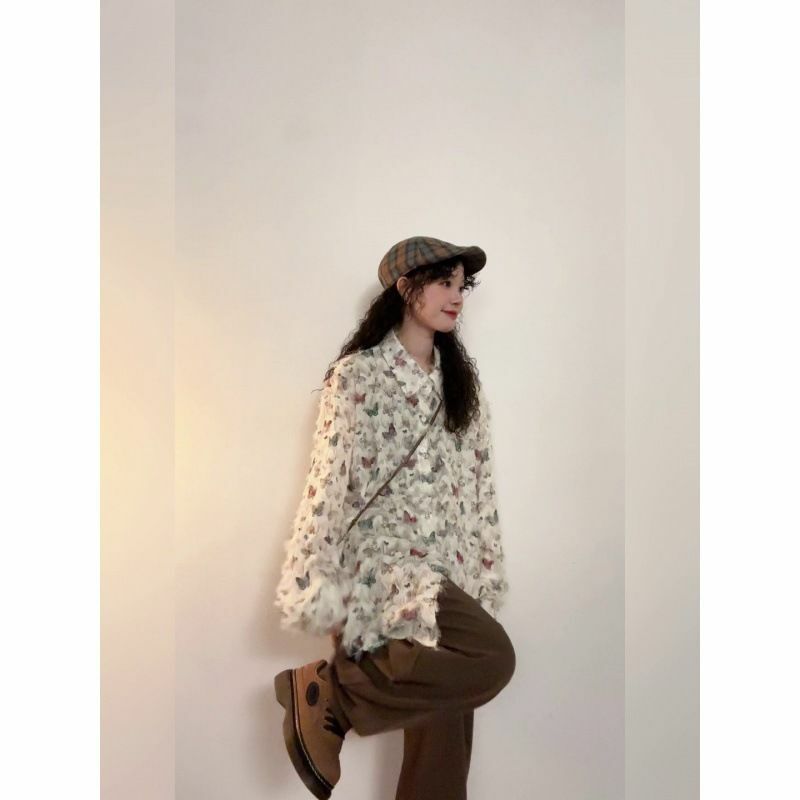 2024 Spring Printed Butterfly Long Sleeved Shirt With Fashionable Tassel Design For Women's Shirts