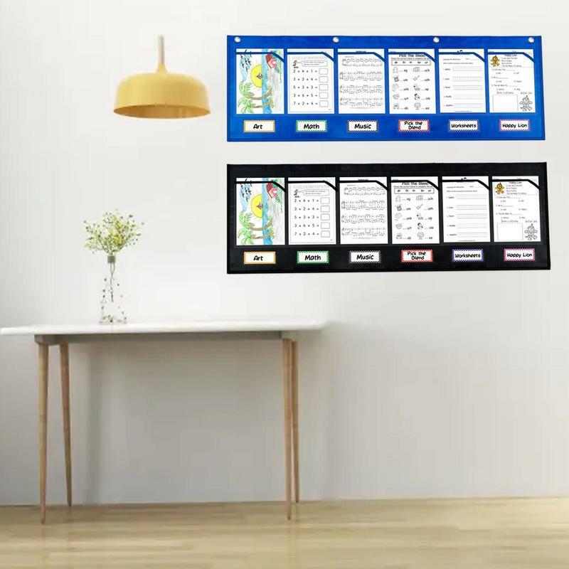 Multipurpose Storage Pocket Chart, 6 Label Grouping, Hanging File, Wall Organizer for Classroom, Papers Cards, Homework
