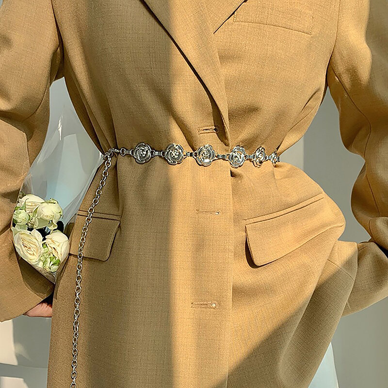 1 szt. Złote srebrne kolor różany łańcuszek do spodni kobiet modne metalowe cienkie błyszczące paski kwiatowe kobiece dżinsy pas dekoracji sukni