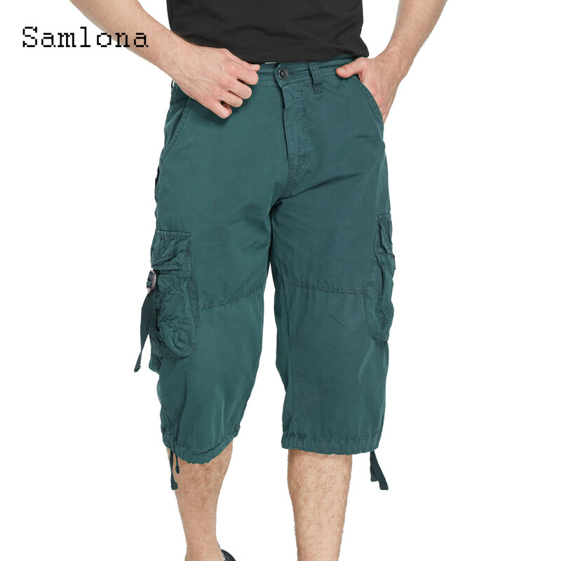 Samlona Plus Size Men Cargo Shorts Button Fly Short Pants with Pockets New Summer Casual Street Half Pants Mens Clothing 2023