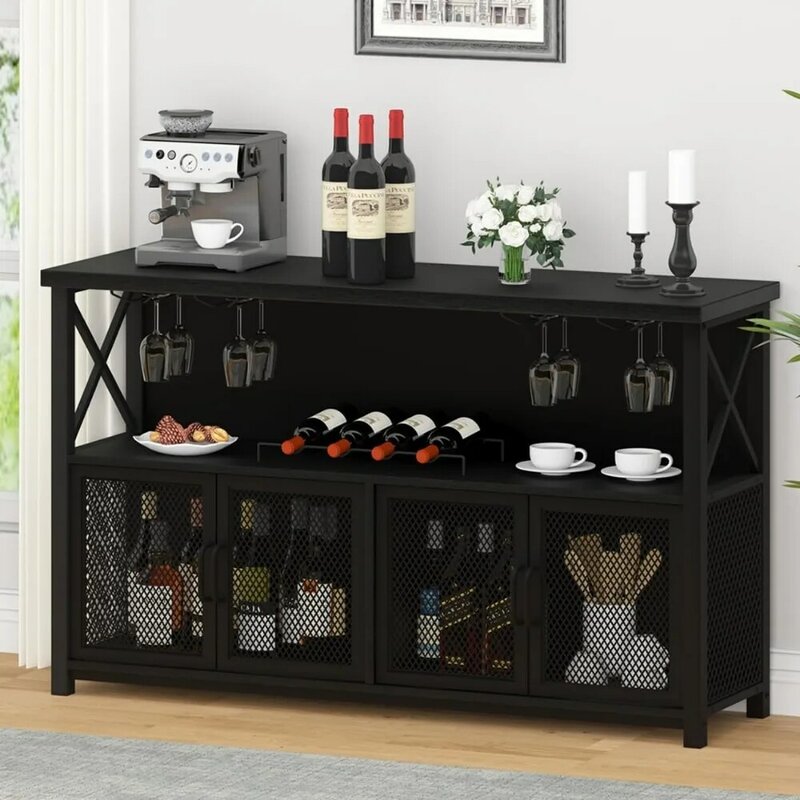 LVB Wine Bar Cabinet, Industrial Sideboard Buffet/Coffee Bar Cabinet for Liquor and Glasses, Farmhouse Metal Wood Rack Cabinet