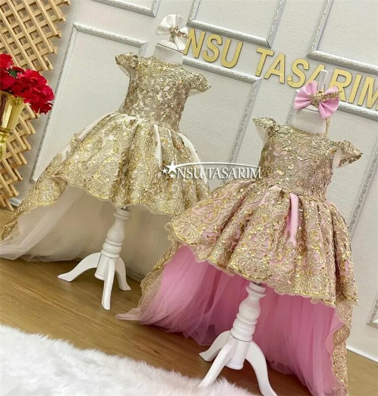 Nowe wysokiej jakości różowe złote koronki koraliki dziewczęca sukienka w kwiaty krótki kimonowy rękaw niemowlę maluch pierwsza sukienka urodzinowa duża kokarda chluba