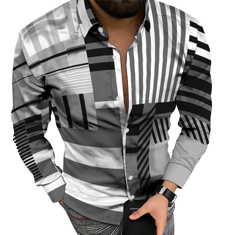 Camisa cómoda de moda con botones, camisa de manga larga con cuello de banda, 3D gráficos, botones, informal, vacaciones diarias