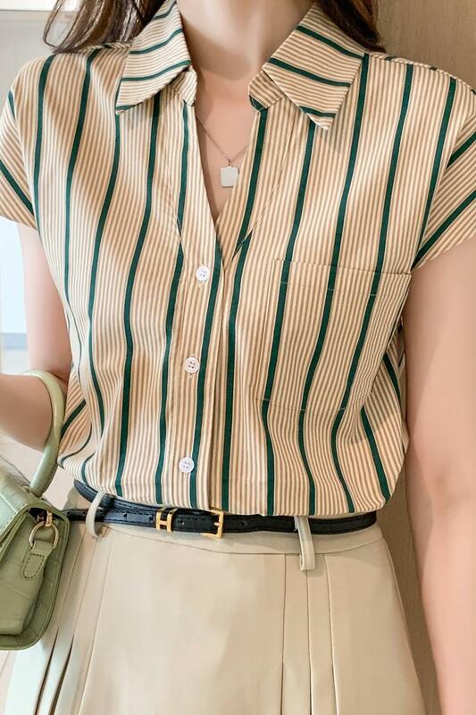 Miiiix kaus sifon lengan pendek wanita, pakaian atasan sifon bergaris-garis kasual bergaya Hong Kong 2024 musim panas untuk wanita