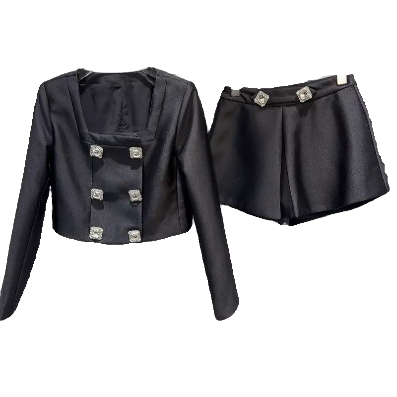 Модный женский комплект из двух предметов, новинка весны 2024, короткое пальто с низким квадратным воротником и длинным рукавом, однотонный костюм с шортами