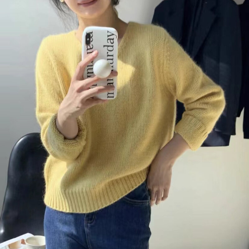 여성 브이넥 긴팔 루즈핏 스웨터, 한국 패션, 다용도 단색 상의, 레이지 스타일, 2023 가을 겨울