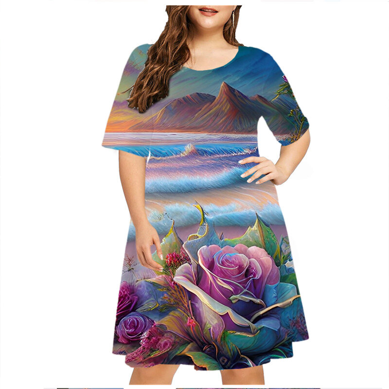 الصيف المرأة فستان حجم كبير قصيرة الأكمام فستان فضفاض الصيف عادية شاطئ مشهد الأزهار طباعة فستان للنساء موضة الملابس