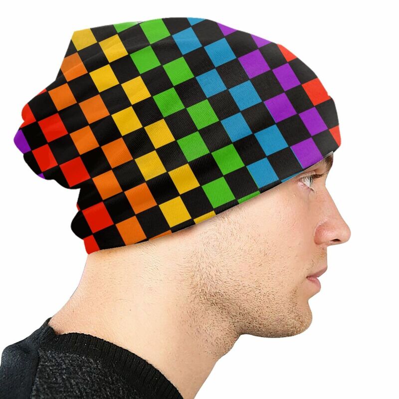 Rainbow Checkerboard Checked Pattern Beanie Cap Winter Warm Bonnet Femme Knit Hats Outdoor Skullies Beanies Hats For Men Women