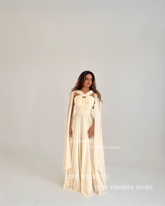 LISM Graceful A Line Evening Dress Saudi Arabia Chiffon Sleeveless Wedding Party Dresses Floor Length Prom Gown With Shawl
