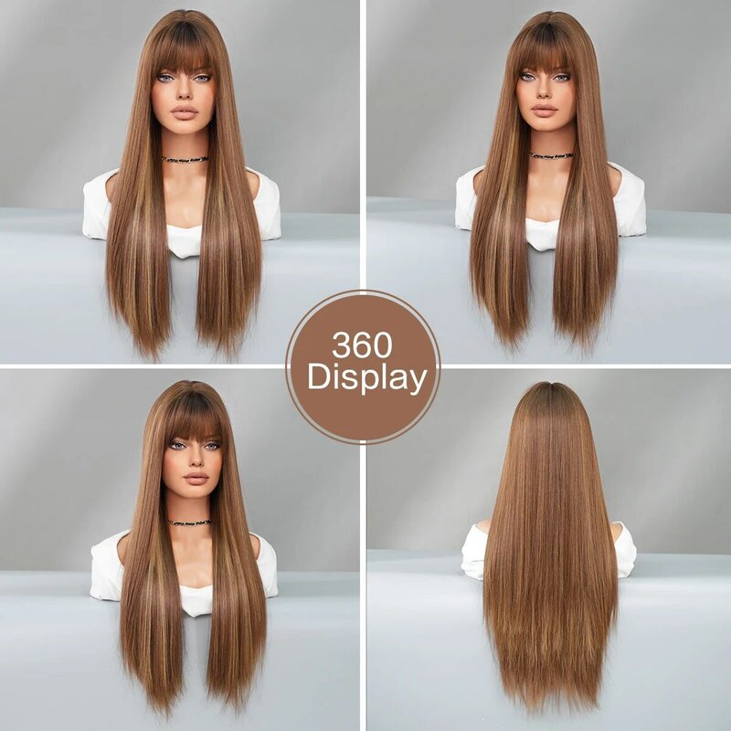 PARK YUN Long Straight Brown Wig With Bangs For Women Highlight Blonde Daily Party Cosplay Synthetic Wigs With  Heat Resistant