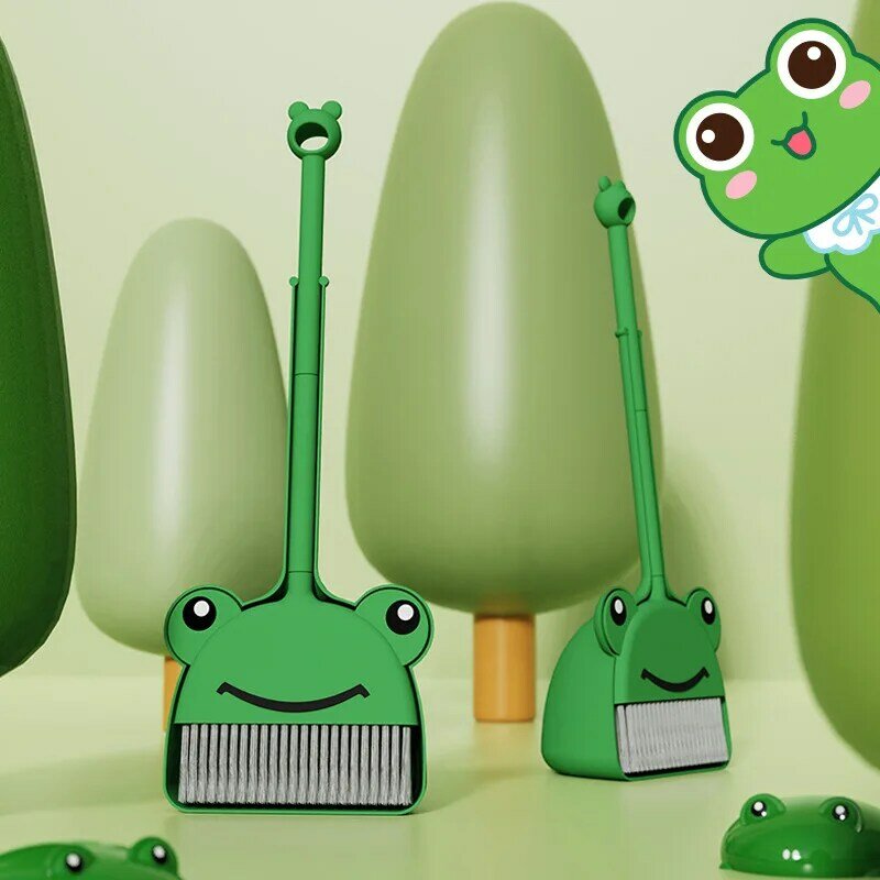 Set di scopa e paletta per bambini di vendita calda che esercita i bambini per fare i lavori domestici giocattoli per la pulizia dei cartoni animati Set per la pulizia della rana carina