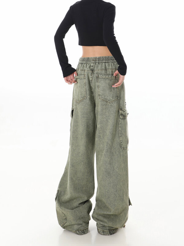 Jeans cargo Y2K feminino, calça jeans larga estética Harajuku, calça japonesa grande, roupas da moda vintage, estilo anos 2000
