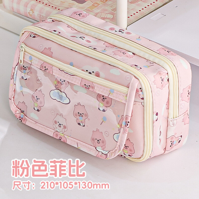 Loppy-Grande Capacidade Transparente Pen Bag, Saco de papelaria bonito Anime, Caixa de armazenamento de suprimentos estudantis, Saco impresso rosa