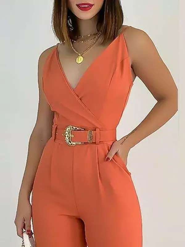 V-Neck Pocket Detail Cami Jumpsuit with Belt Women Sleeveless Jump Suits Summer One Piece Overalls