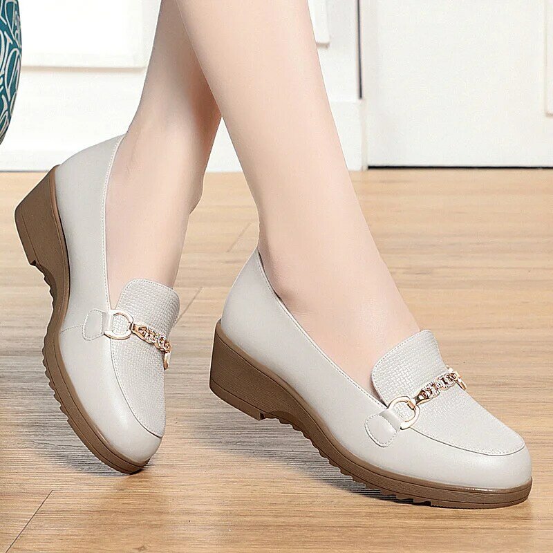 Spring Summer Women Loafers Flat Shoes Height Increasing Black Footwear Slip-on Moccasins Casual Wedge Soft Leather Shoes