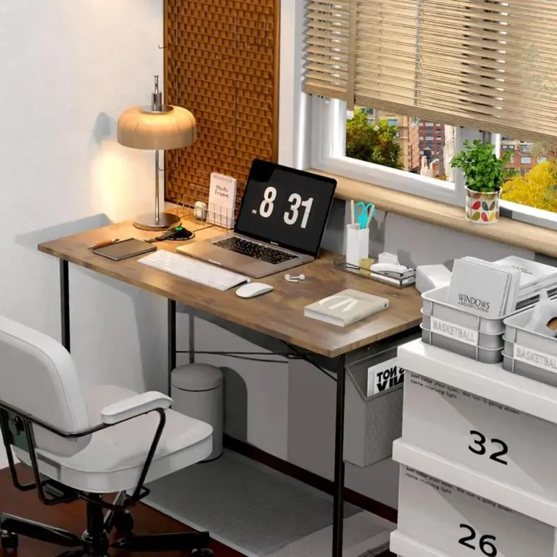 Escritorio de oficina, escritorio de PC minimalista moderno con bolsa de almacenamiento, marrón, 40 pulgadas