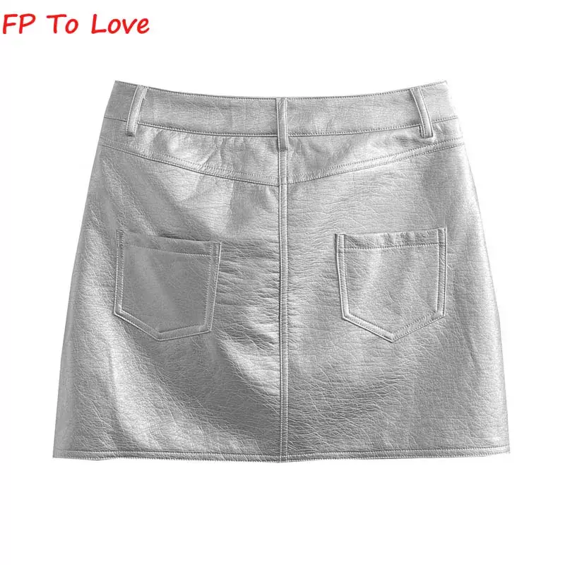 FP To Love French Silver PU Mini Skirts Metallic Sexy High Waist Hip Skirt Chic Retro Short A-Line Metal