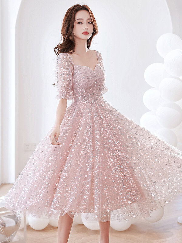 Bling Pink Women's Prom Dress Glitter Sequin Tulle A-Line Birthday Party Dresses Sweet Banquet Mid-Length Princess Gowns