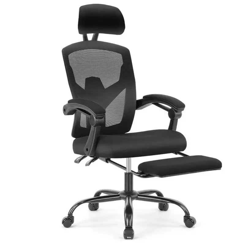 Ergonomiczne krzesło biurowe z poduszką lędźwiową i wysuwanym podnóżkiem, siatkowe krzesło biurowe z podłokietnikami i regulowanym zagłówkiem