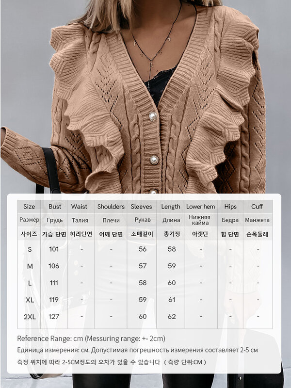 CMAZ Autumn Winter V-neck Sweater for Women 2024 New Casual Loose Knitted Cardigan Women's Patchwork Ruffles Tops Lady LC271323