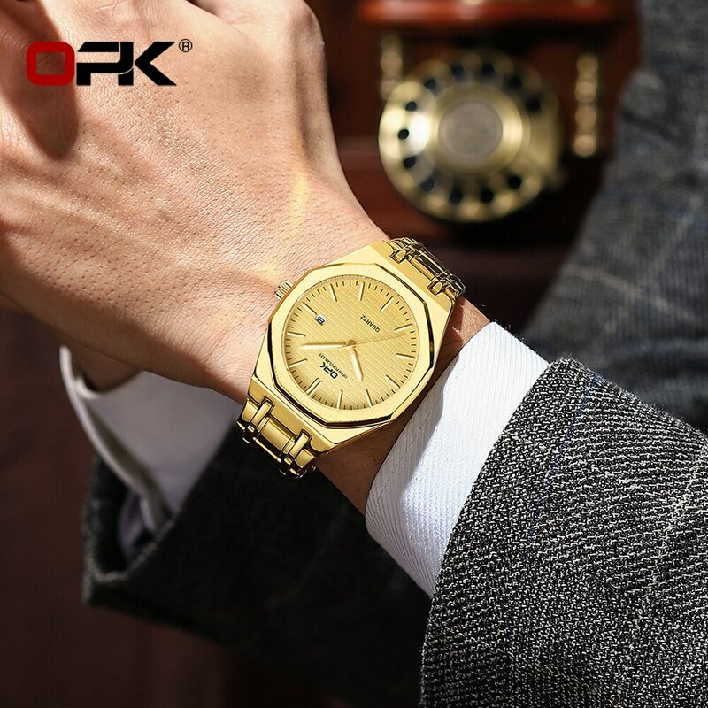 Opk marca homens relógio simples moda impermeável luminosa aço inoxidável cinta