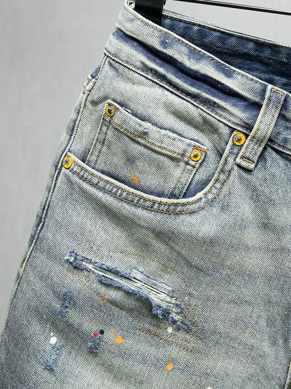 Jins pria mode musim panas kualitas tinggi celana Denim desainer antik Jeans pendek robek cat elastis biru Retro