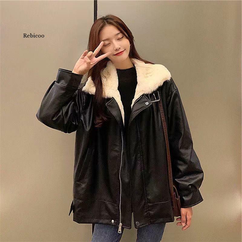 Зимняя теплая куртка из искусственной кожи, Женская Повседневная Свободная мотоциклетная куртка, женское уличное пальто большого размера, корейское модное пальто