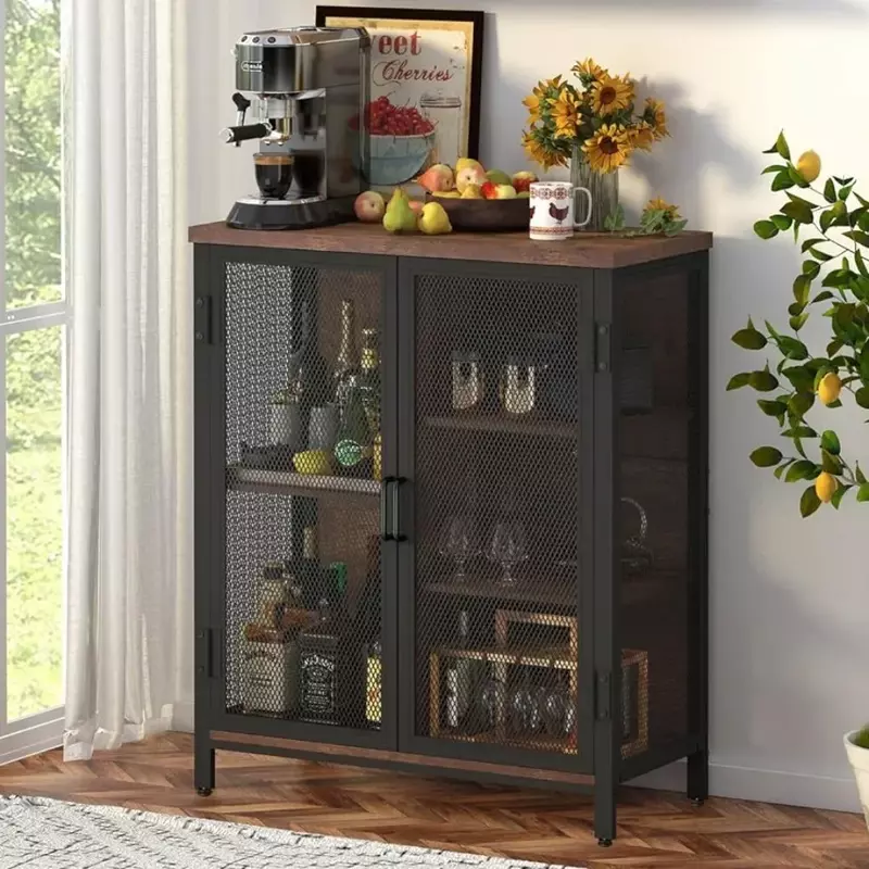 Small Coffee Bar Cabinet for Liquor and Wines, Rustic Industrial Accent Storage Cabinet, Farmhouse Small Oak Buffet Sideboard
